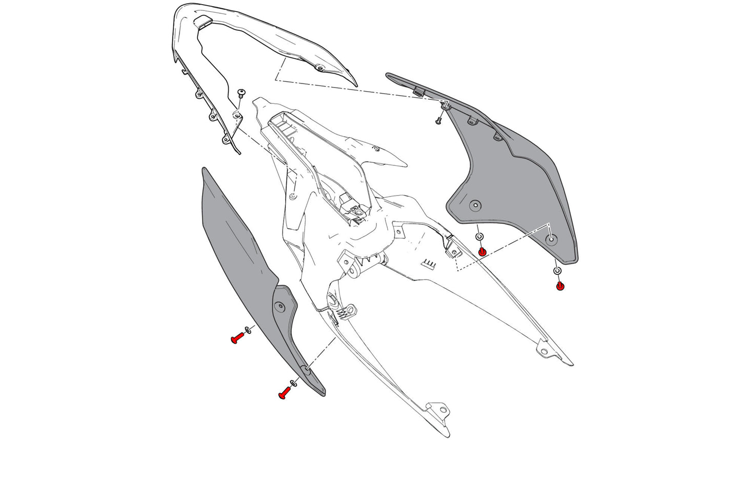 Exploded-view tekening van de undertail bouten voor Ducati Streetfighter V4, met gemarkeerde bevestigingspunten.