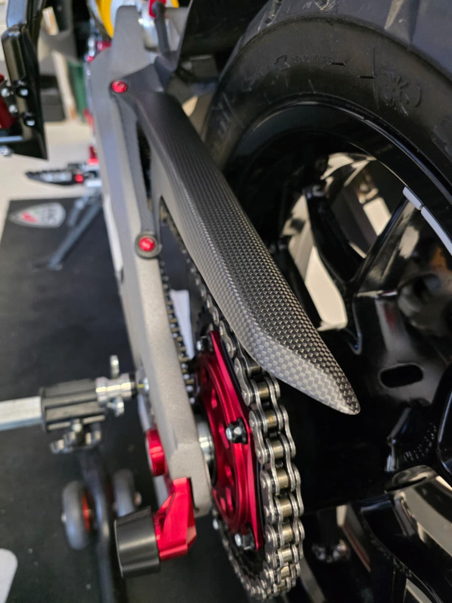 CNC Racing bovenste kettingkap in carbon gemonteerd op Ducati Multistrada V2 – overzicht van achterbrug en aandrijving.