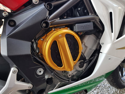 Open koppelingsdeksel met lexaan venster MV Agusta Brutale 675 (2014-2015) goud met zwarte drukplaat en zwarte veerschotels