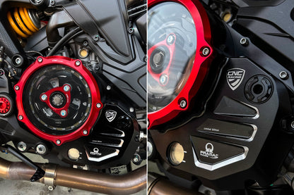 Koppelingsdeksel met open venster Pramac Racing Edition Ducati Monster 821 Stealth (2019-2020) zwart-rood gemonteerd op Monster