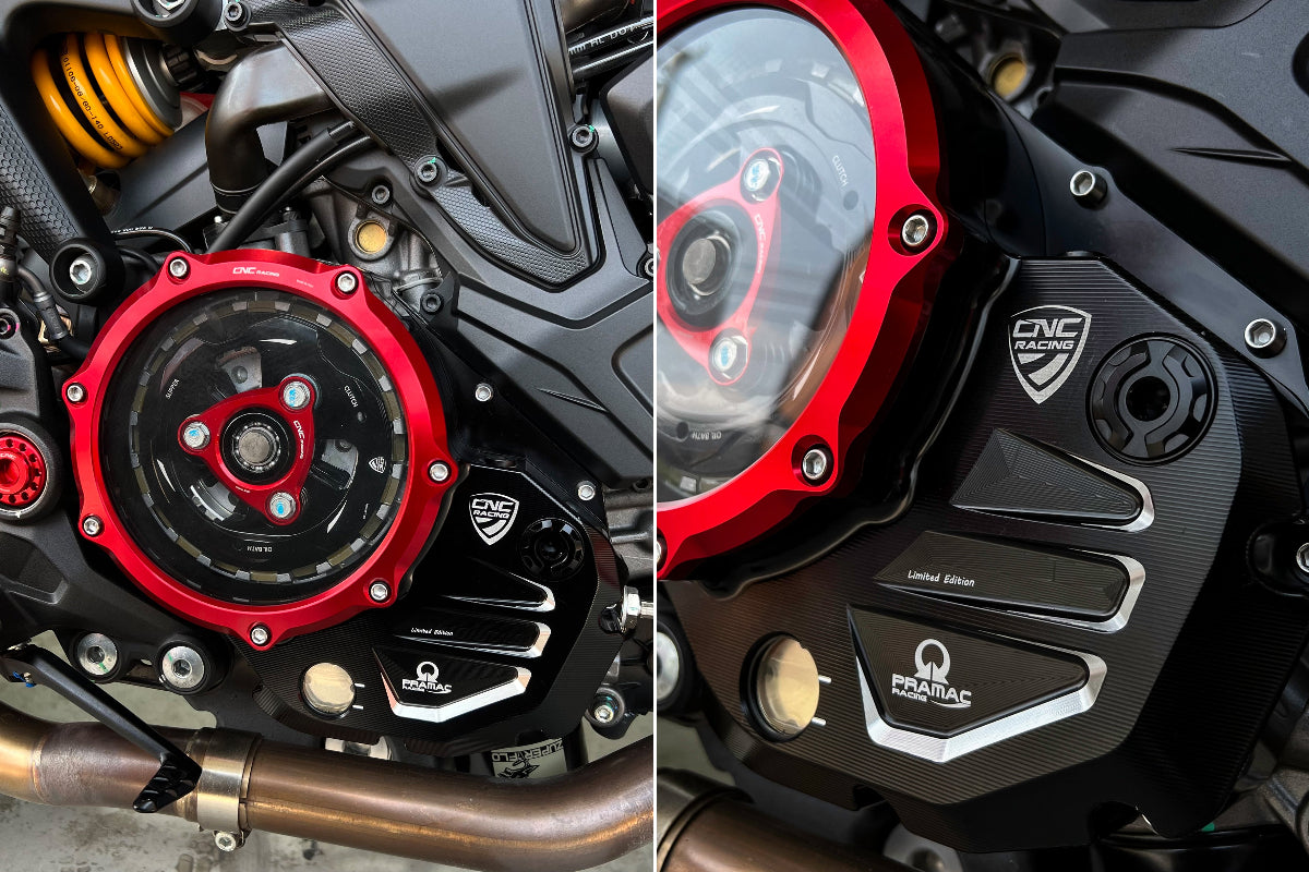 Koppelingsdeksel met open venster Pramac Racing Edition Ducati Hyperstrada 821 (2013-2015) zwart-rood gemonteerd op Monster