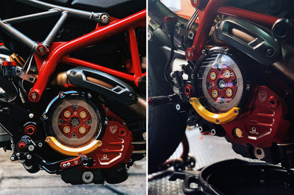 Koppelingsdeksel met open venster Pramac Racing Edition Ducati Multistrada 950 (2017-2018) rood-zwart gemonteerd