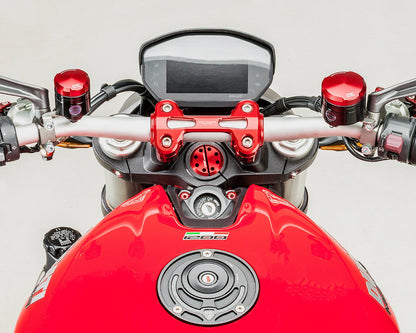 CNC Racing bovenste stuurklem RM240R  kroonplaatmoer rood GH356R contactslotcover boutenset rood KV339R contactslotcover mat carbon ZA967Y