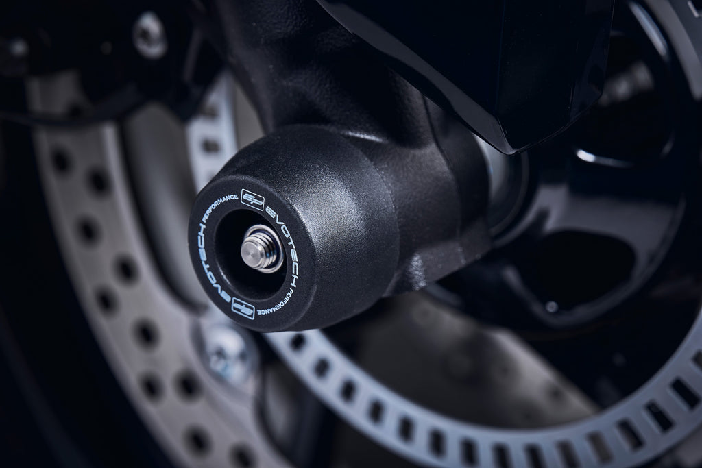 The signature EP Spindle Bobbins Kit’s crash protection bobbin fitted through the front fork of the Triumph Tiger Sport 660.