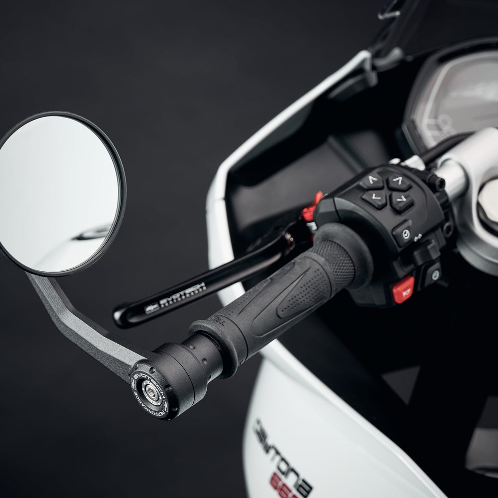 Evotech Bar End Mirrors for the Triumph Daytona 660 fitted at the handlebar ends using the bespoke installation design and pivot adjustment.