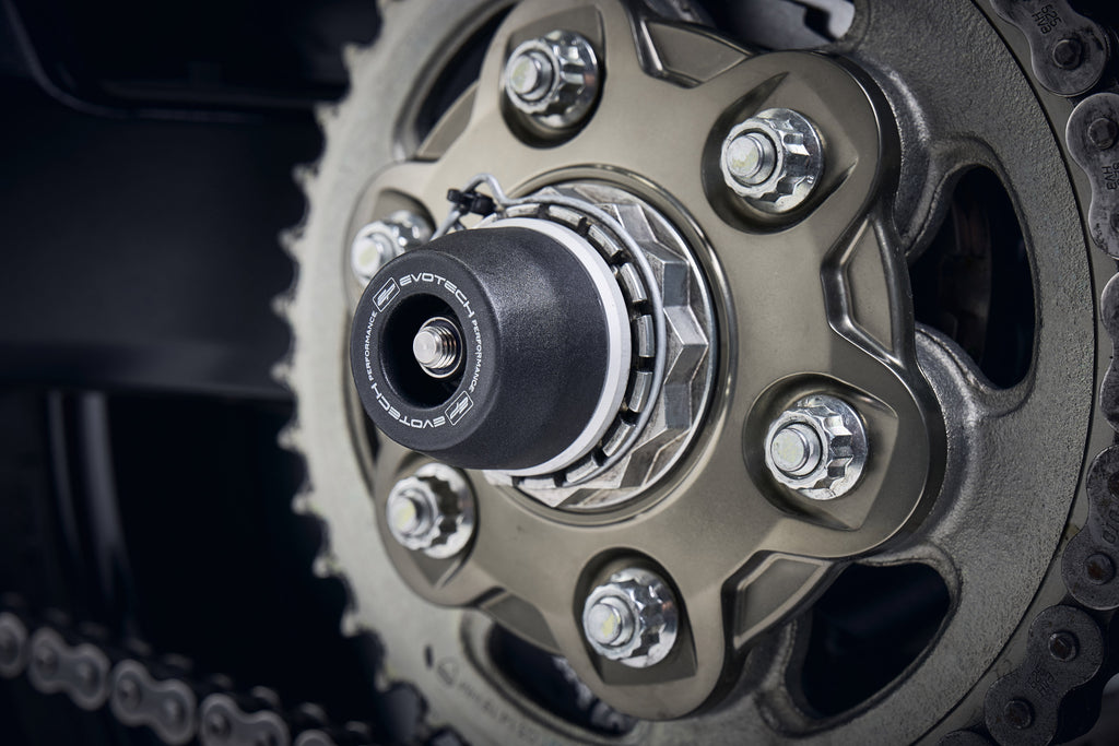 The signature Evotech Performance spindle bobbin fitted to the rear wheel of the Ducati Multistrada 1260 S, offering crash protection to the swingarm and chain.