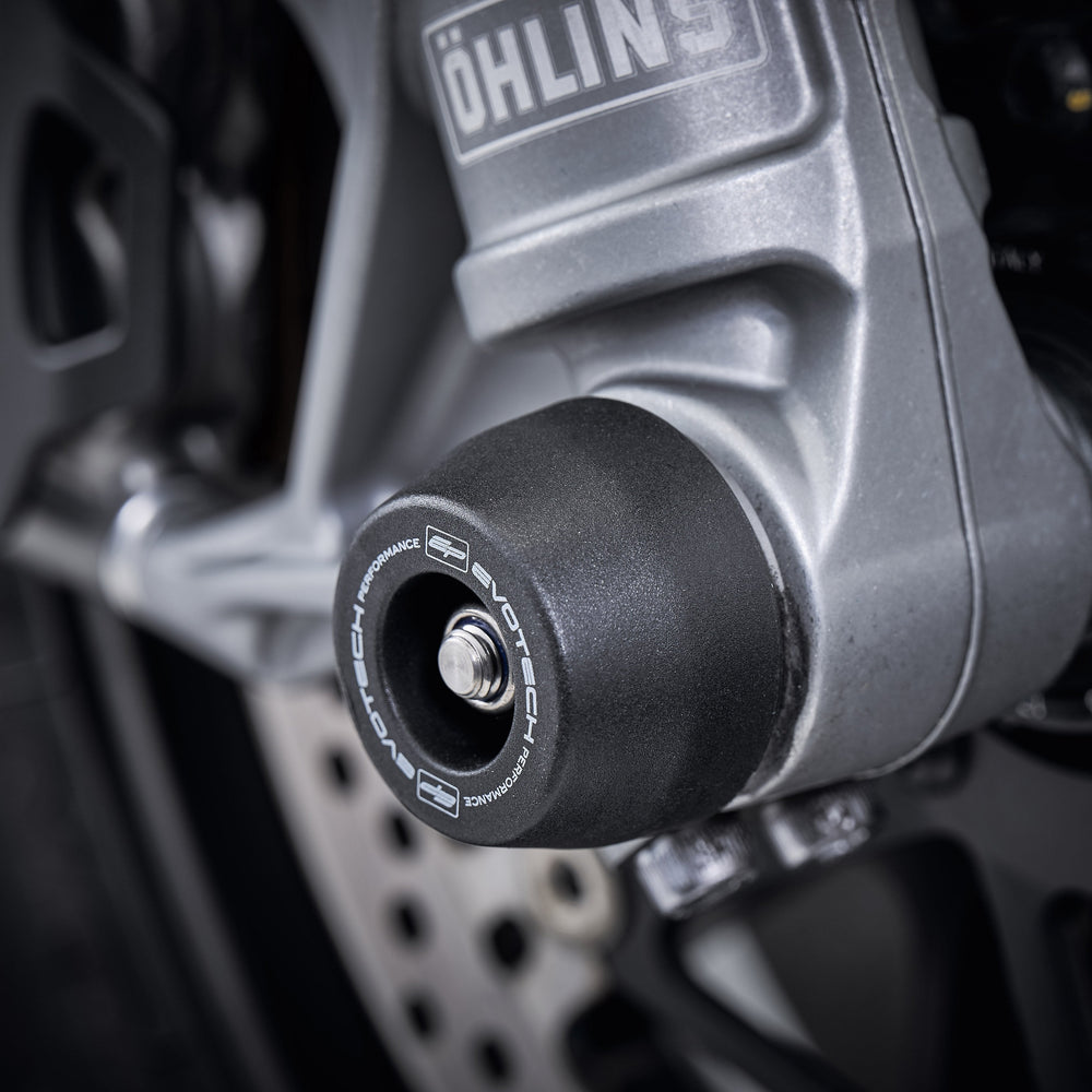 
                  
                    The front wheel, fork and brake caliper of the Ducati Multistrada V2 with an EP crash protection spindle bobbin precisely fitted.
                  
                