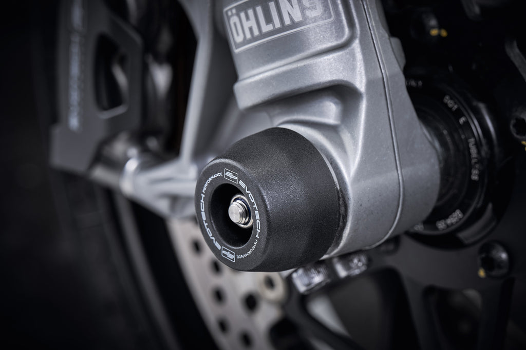 The front wheel, fork and brake caliper of the Ducati Multistrada V2 with an EP crash protection spindle bobbin precisely fitted.