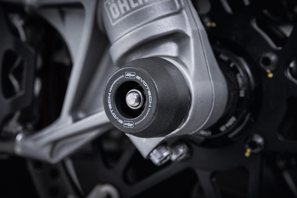 The precision fit of the EP Spindle Bobbins Crash Protection Kit to the front wheel of the Ducati Multistrada 950.