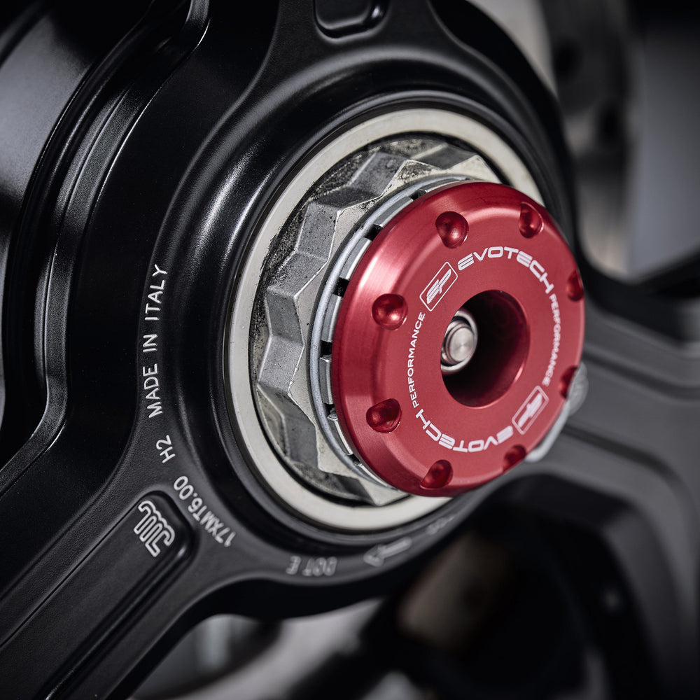 
                  
                    The striking anodised red hub stop from the EP Spindle Bobbins Crash Protection Kit fitted to the offside rear wheel of the Ducati Multistrada 1200 S D air.
                  
                