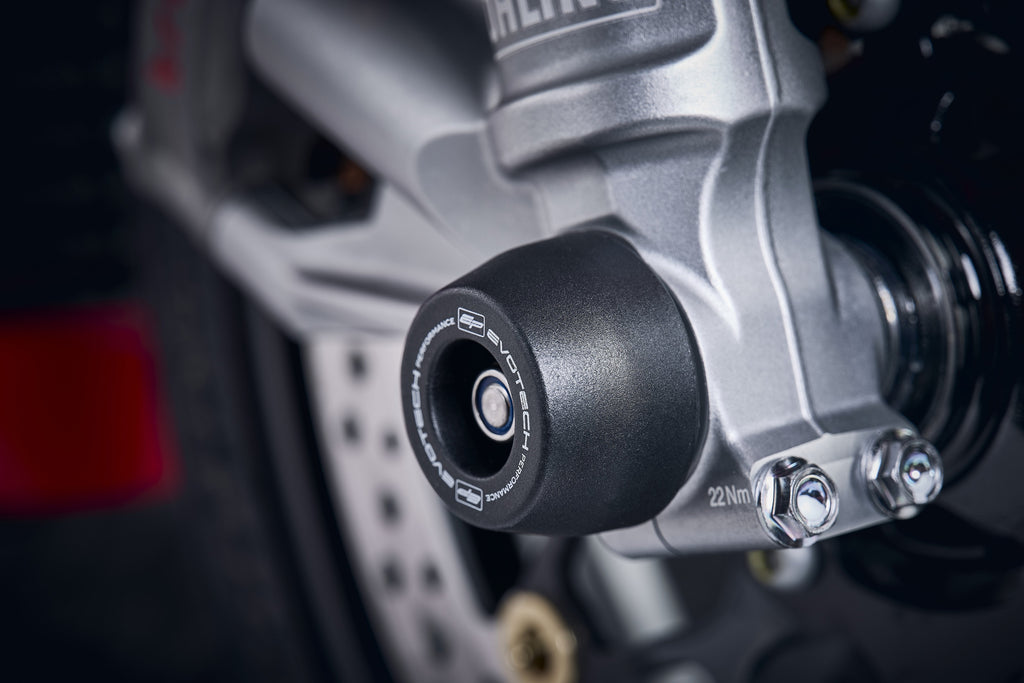 The front fork of the Honda CBR1000RR-R SP with EP Spindle Bobbin Kit crash protection bobbin attached seamlessly.