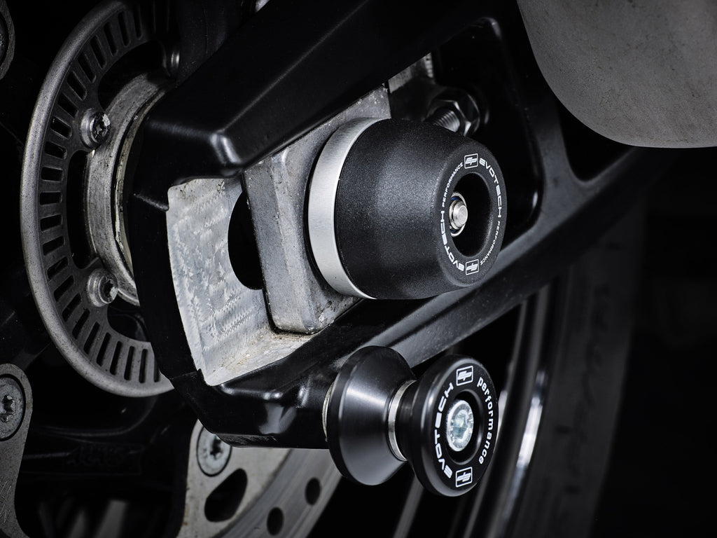 The offside rear wheel of the BMW S 1000 XR TE with EP Spindle Bobbin secured to the swingarm and near EP Paddock Stand Bobbins.