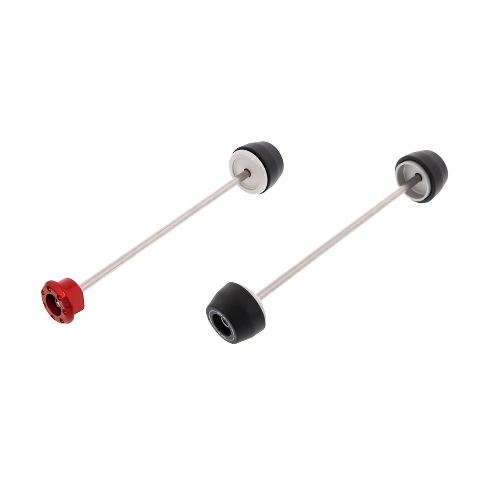 
                  
                    EP Spindle Bobbins Crash Protection Kit for the Ducati Hypermotard 1100 with front fork protection with bobbins on both sides (right) and rear swingarm protection with a single bobbin and anodised red hub stop (left). 
                  
                