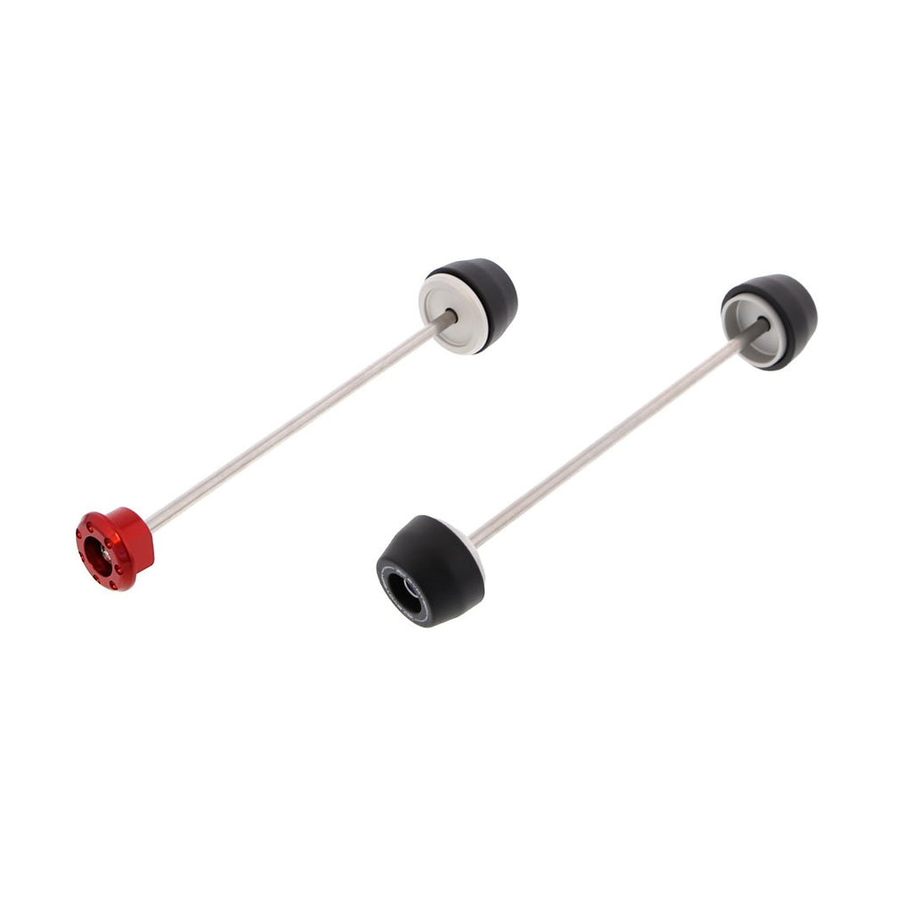 EP Spindle Bobbins Crash Protection Kit for the Ducati Hypermotard 1100 with front fork protection with bobbins on both sides (right) and rear swingarm protection with a single bobbin and anodised red hub stop (left). 