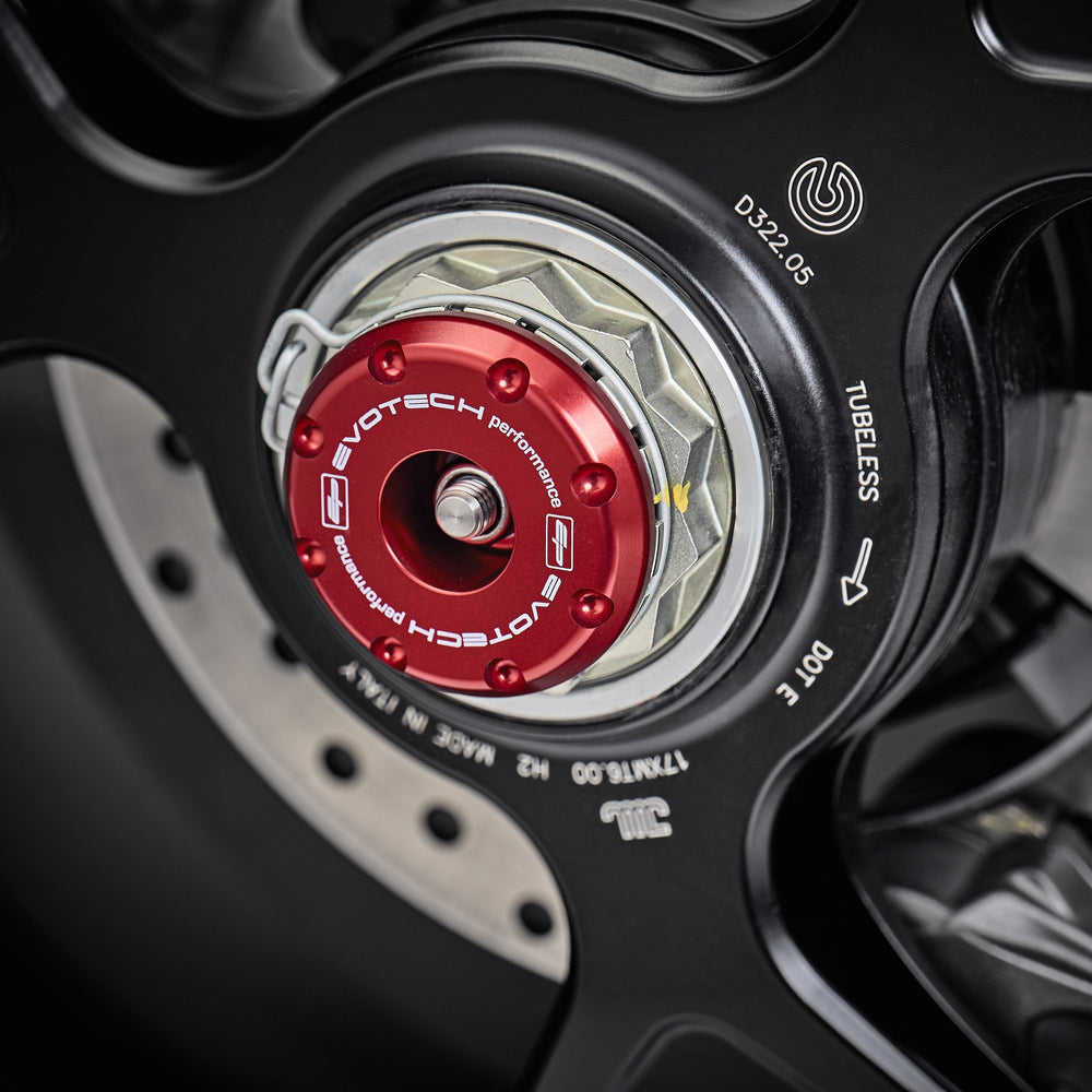 
                  
                    The anodised red hub stop of the EP Rear Spindle Bobbins Crash Protection fitted to the offside rear wheel of the Ducati Panigale V2.
                  
                