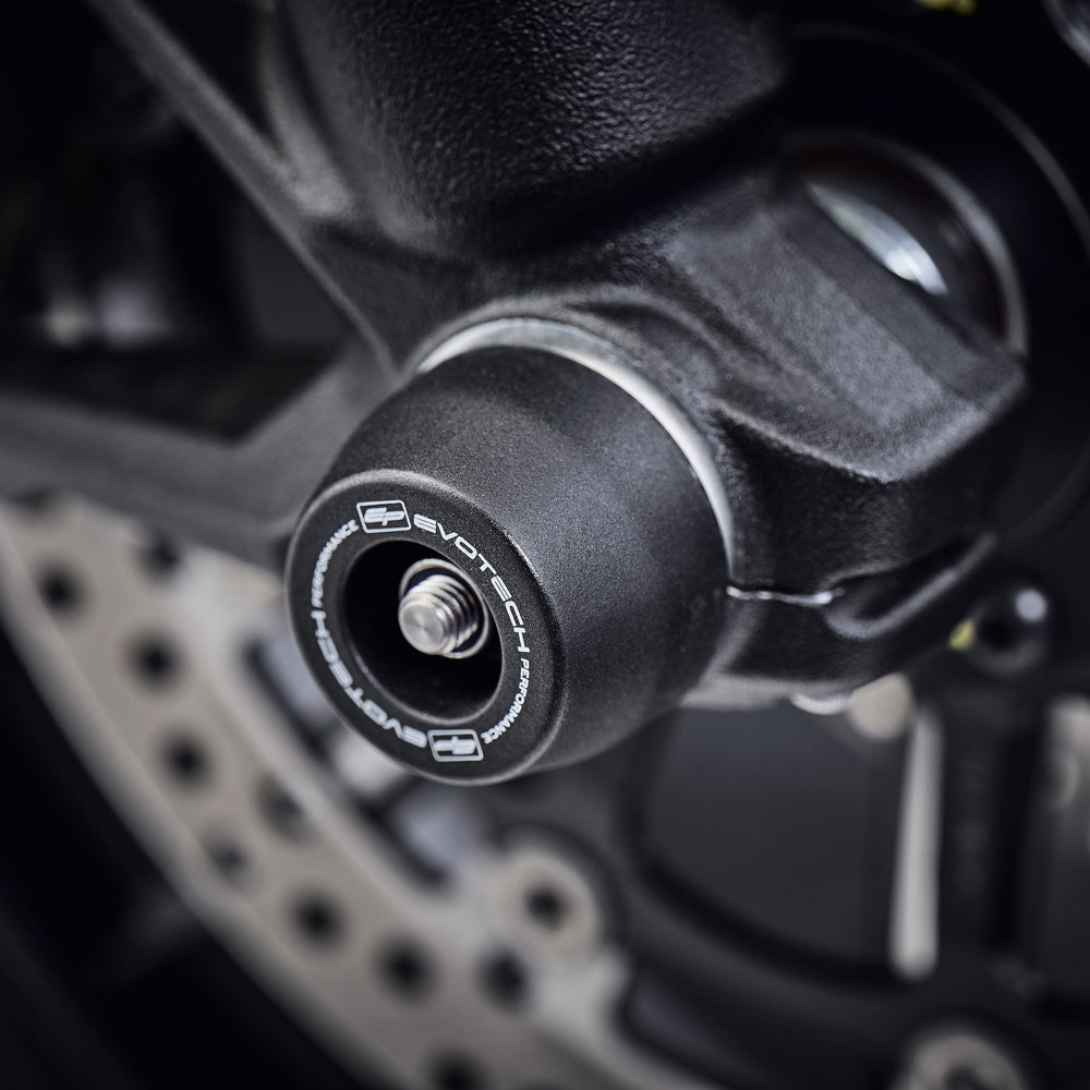 The front wheel of the Ducati Scrambler 1100 Sport with EP Spindle Bobbins Crash Protection Kit fitted.