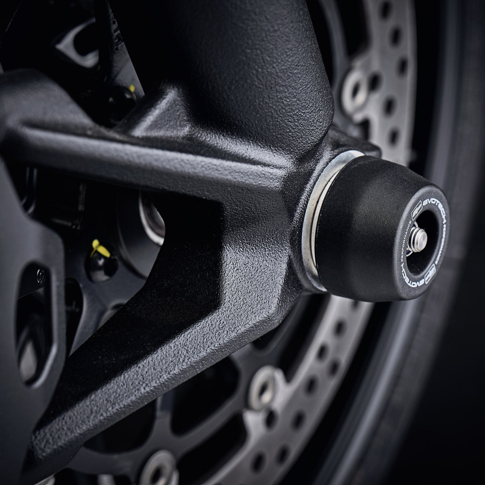 
                  
                    EP Spindle Bobbins Crash Protection Kit fitted to the front wheel of the Ducati Scrambler 1100 Pro, guarding the front forks and brake calipers.
                  
                