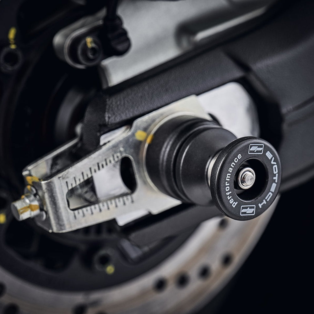 
                  
                    EP Spindle Bobbins Paddock Kit’s front wheel spindle bobbin crash protection seamlessly attached to the front wheel of the Ducati Scrambler 1100 Dark Pro. 
                  
                