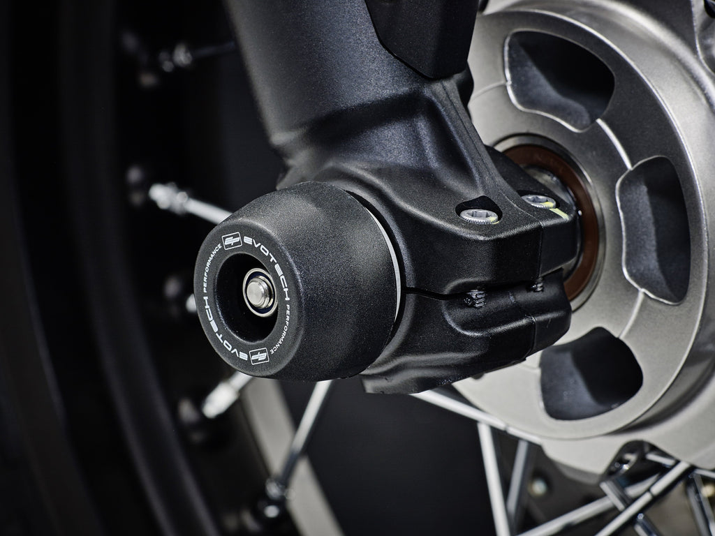 The front wheel of the Ducati Scrambler Classic with EP Spindle Bobbins Crash Protection Kit fitted.