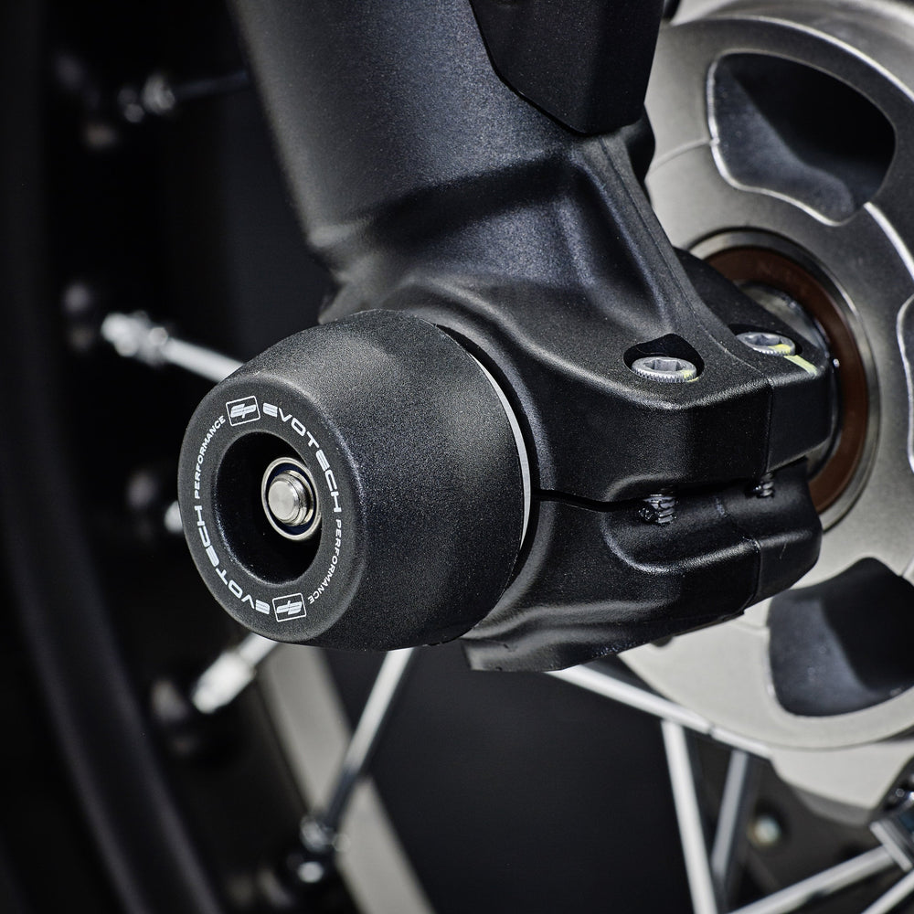 
                  
                    The front wheel of the Ducati Scrambler Café Racer with EP Spindle Bobbins Crash Protection Kit fitted.
                  
                