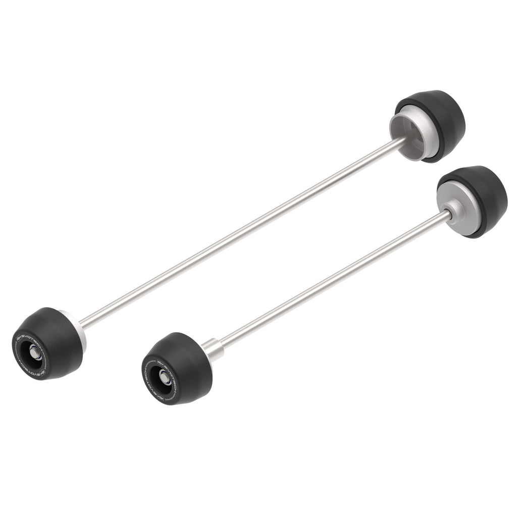 EP Spindle Bobbins Kit for the Honda NT1100 includes two components, each with a stainless steel spindle rod holding specifically sized aluminium spacers and nylon bobbins at either end. The front fork protection (right) also has a hollowed spindle bolt.