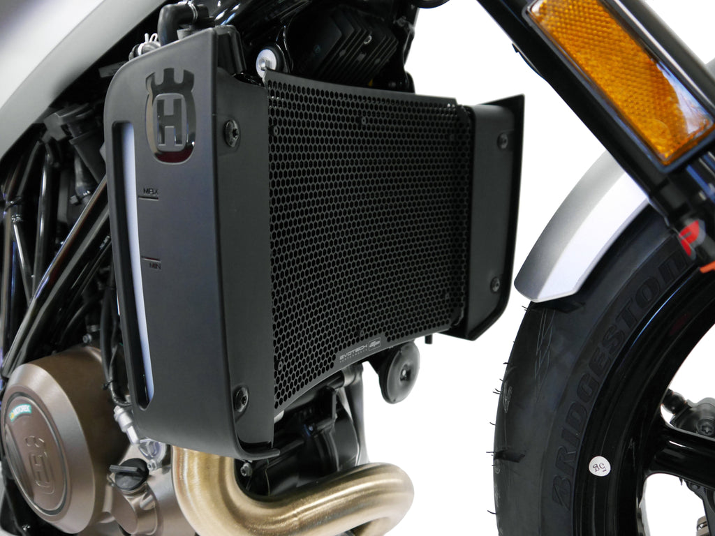 Side facing view of EP Radiator Guard on EP Radiator Guard installed on Husqvarna Vitpilen 701 motorbike