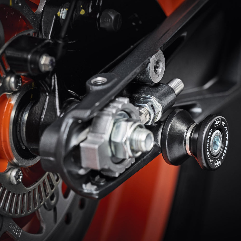 
                  
                    The rear wheel and swingarm of the KTM 390 Duke, ready to be raised using the installed EP Paddock Stand Bobbins.
                  
                