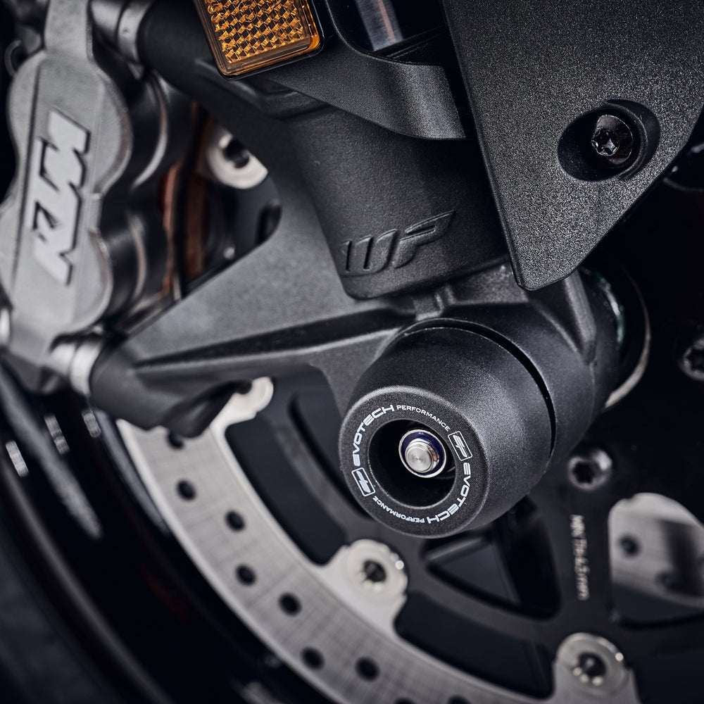 
                  
                    EP Front Spindle Bobbins fitted seamlessly to the KTM 790 Duke, extending from the front forks for superior crash protection.
                  
                