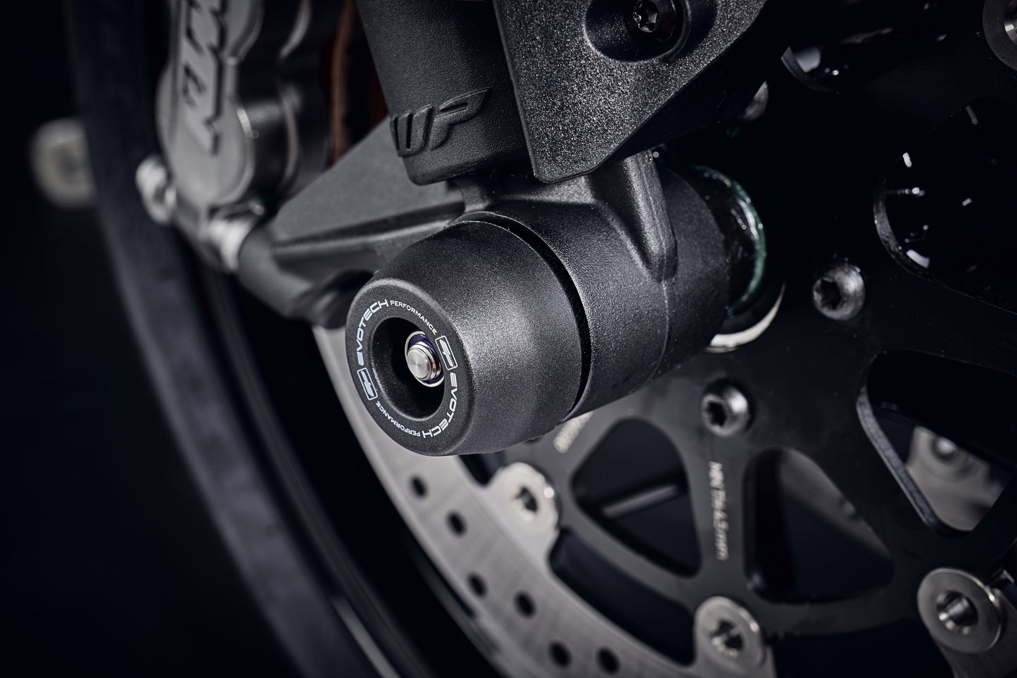 The precision fit of the EP bobbin to the front wheel of the KTM 790 Duke from the EP Spindle Bobbins Kit, offering crash protection to the front forks, spindle retainers and brake calipers. 