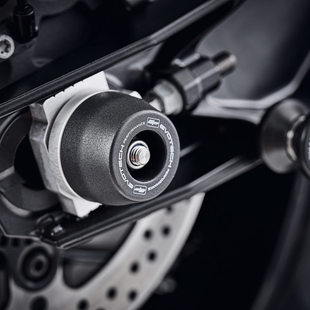 
                  
                    EP’s Rear Spindle Bobbin’s nylon and aluminium crash protection bung extending from the swingarm of the KTM 790 Duke. 
                  
                