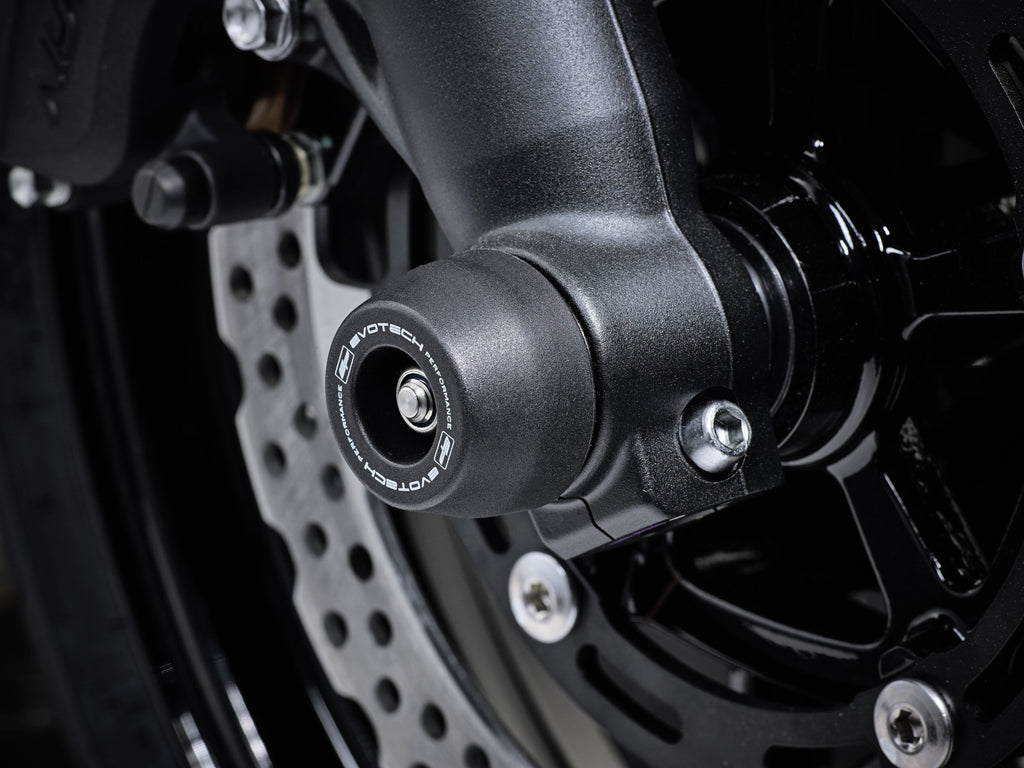 EP Spindle Bobbins Crash Protection fitted to the front wheel of the Kawasaki Ninja 650 Performance shielding the front forks and brake calipers.