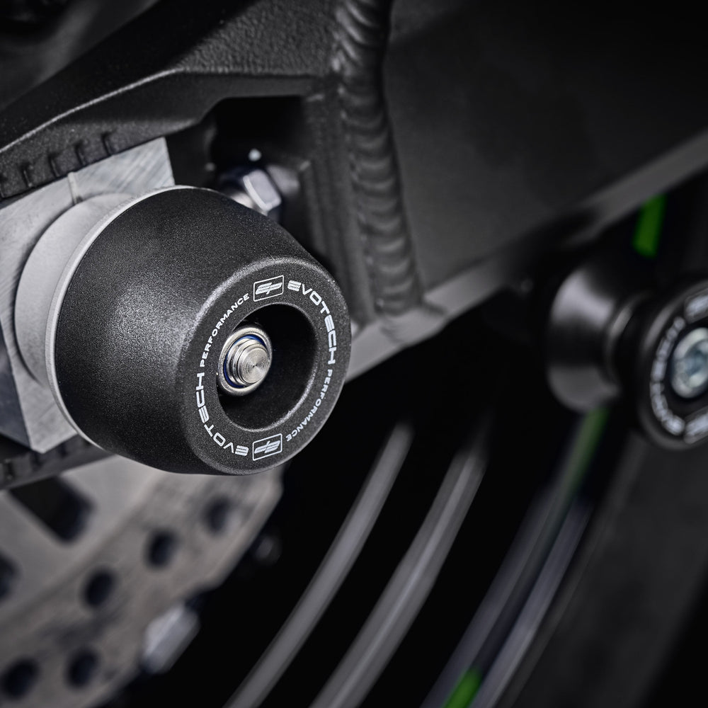 
                  
                    The rear wheel of the Kawasaki Z900 SE with EP Spindle Bobbins Crash Protection bobbin mounted to the rear spindle offering swingarm protection. 
                  
                