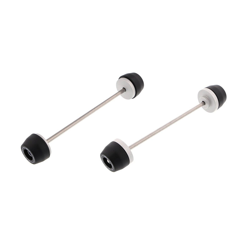 
                  
                    The nylon and aluminium bobbins held by stainless steel spindle rods of EP Spindle Bobbins Kit for the BMW M 1000 RR with front wheel and fork protection (left) and rear swingarm protection (right).
                  
                