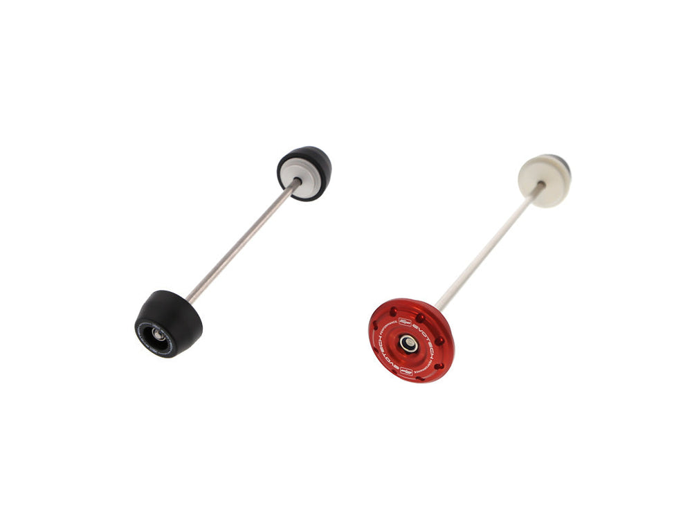 
                  
                    EP Spindle Bobbins Crash Protection Kit for the Ducati Monster 1200 S with front fork protection with bobbins on both sides (left) and rear swingarm protection with a single bobbin and anodised red hub stop (right). 
                  
                