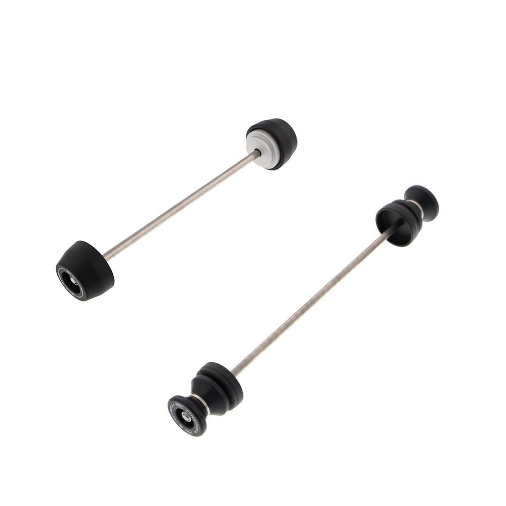 
                  
                    Two EP products are included in the EP Spindle Bobbins Paddock Kit for the Ducati Monster 797: front fork crash protection spindle bobbins (left) and rear wheel paddock stand bobbins (right).
                  
                