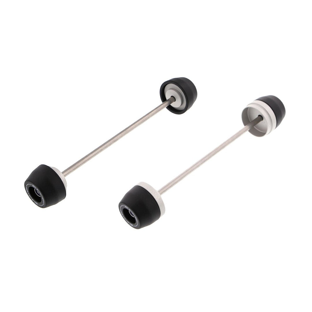 
                  
                    The EP Spindle Bobbins Crash Protection Kit for the Ducati DesertX with front fork protection (left) rear swingarm protection (right); spindle bobbins fitted either side of a rolled-thread spindle rods.
                  
                