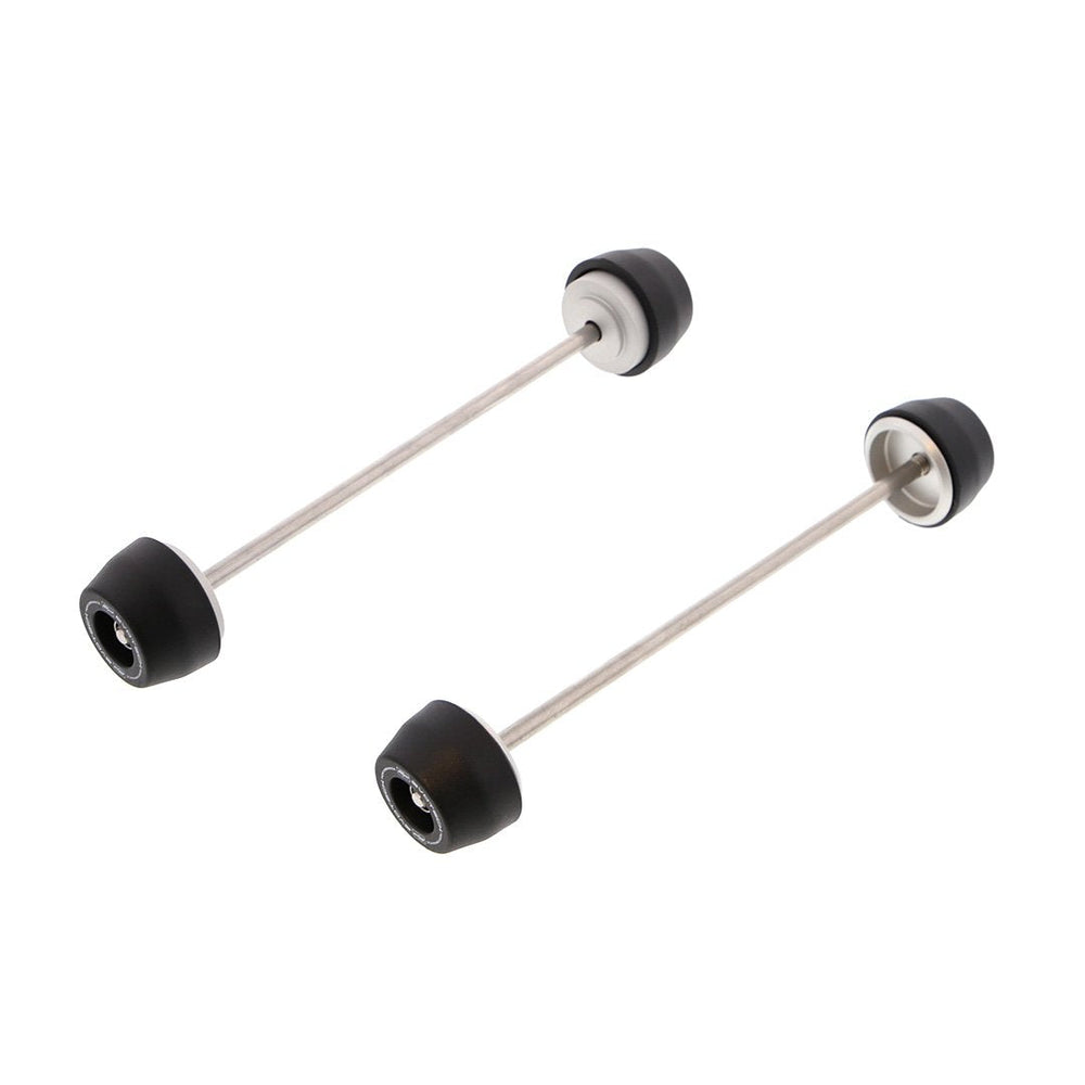 
                  
                    EP Spindle Bobbins Kit for the Ducati Scrambler Café Racer includes crash protection for the front wheel (left) and rear wheel (right). Matt black nylon bobbins with supporting aluminium inners joined by a stainless steel spindle rod.
                  
                