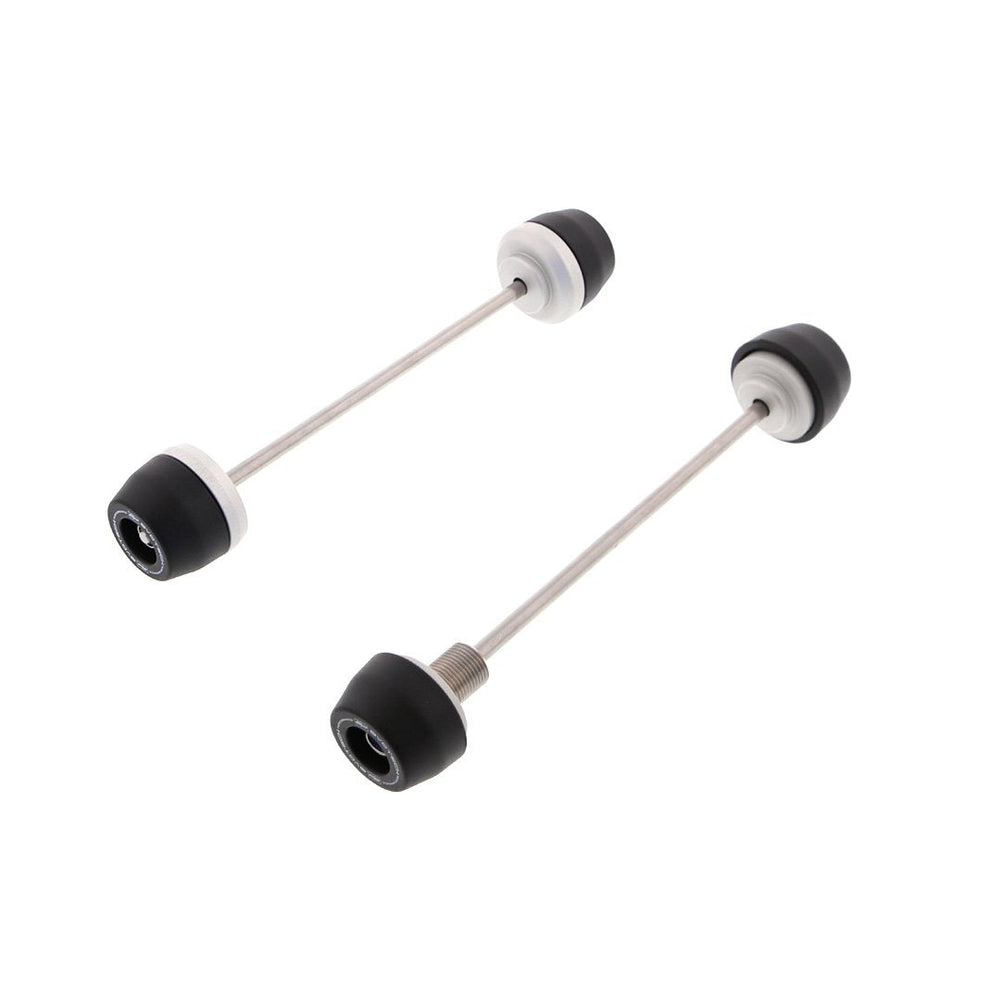 
                  
                    EP Spindle Bobbins Kit for the Honda CBR1000RR-R has two components, each with a stainless steel spindle rod with specifically sized aluminium spacers and nylon bobbins attached at either end. The front fork protection (right) also has a hollowed spindle bolt.
                  
                