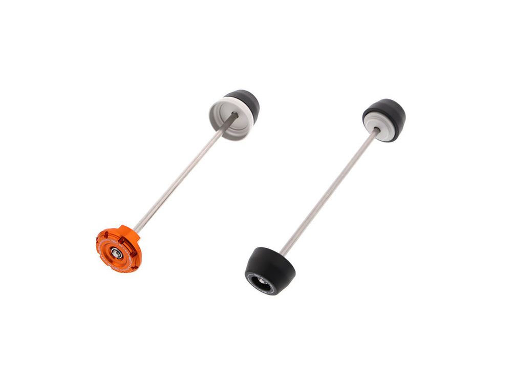 
                  
                    The EP Spindle Bobbins Kit for the KTM 1290 Super Duke GT includes rear spindle protection with one bobbin and one anodised orange hub stop (left) and front spindle protection with two precision-fit bobbins (right).
                  
                