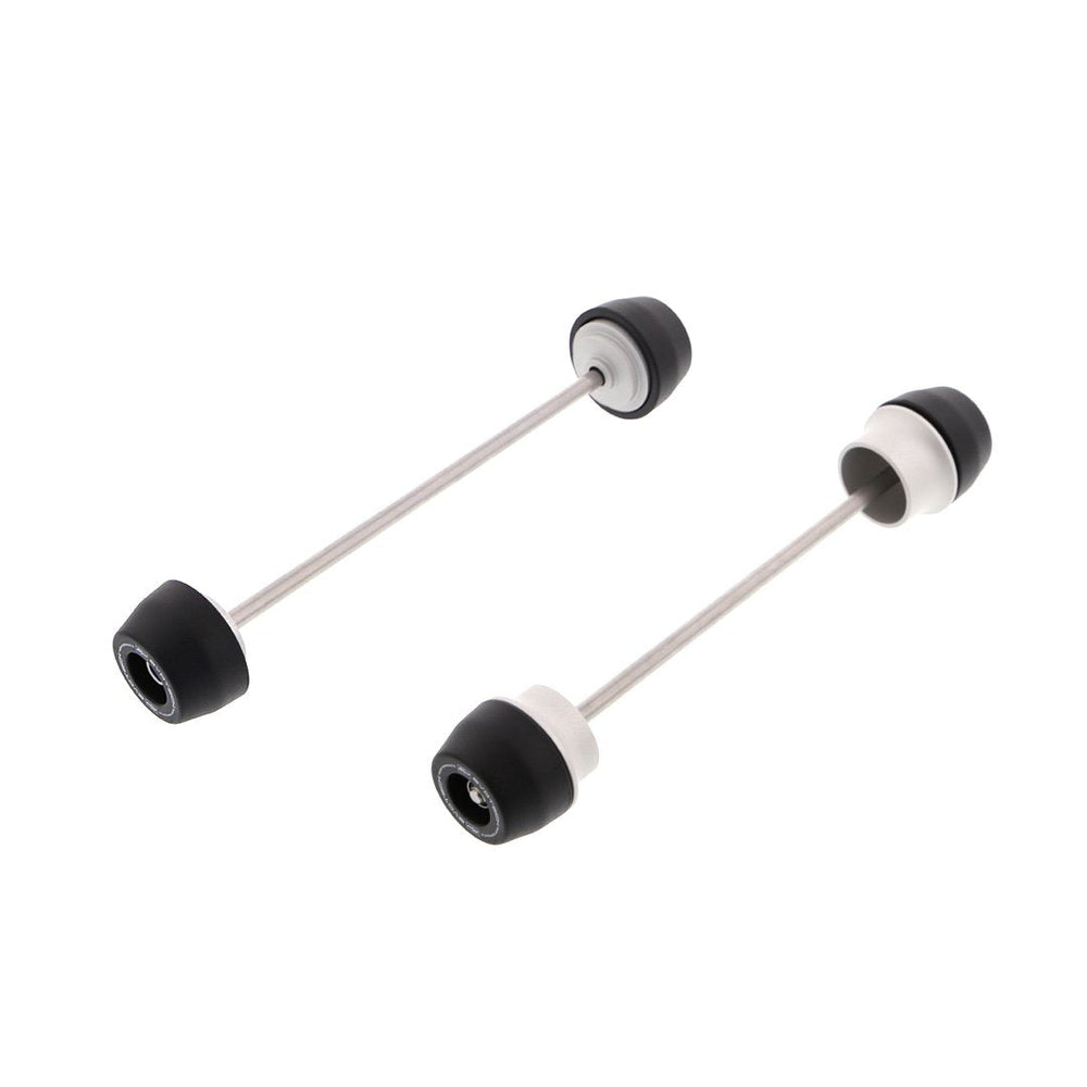 
                  
                    EP Spindle Bobbins Kit for the Kawasaki Ninja 650 includes front fork crash protection (left) and rear swingarm protection (right). Stainless steel spindle rods hold the signature Evotech Performance nylon bobbins and aluminium spacers together which will attach securely through the motorcycle’s wheels.  
                  
                