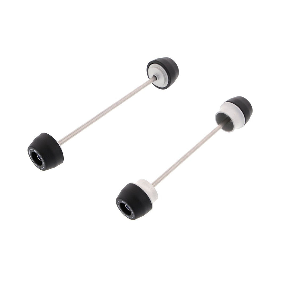 EP Spindle Bobbins Kit for the Kawasaki Z900RS includes front fork crash protection (left) and rear swingarm protection (right). Stainless steel spindle rods hold the signature Evotech Performance nylon bobbins and aluminium spacers together which will attach securely through the motorcycle’s wheels.  