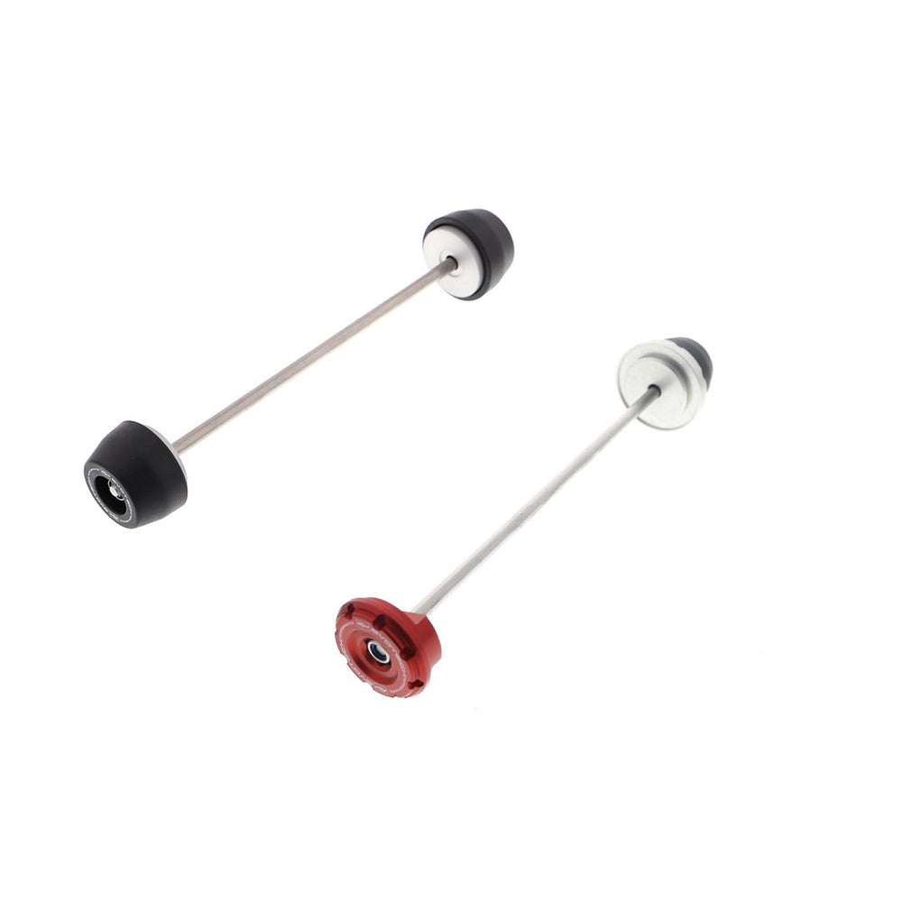 
                  
                    The two components of the EP Spindle Bobbins Kit for the Triumph Speed Triple 1200 RR are front wheel fork and brake caliper protection with nylon bobbins either end of the spindle rod (left) and rear wheel swingarm and brake caliper protection from the single bobbin and red hub stop (right).
                  
                