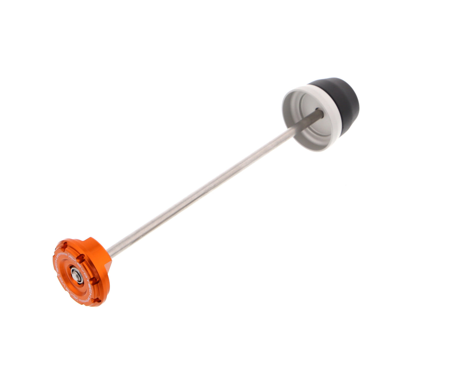 EP Rear Spindle Bobbins for the KTM 1290 Super Duke R: crash protection for the motorcycle’s rear wheel. An aluminium and nylon bobbin for the nearside with an anodised orange hub stop for the offside, held together by a spindle rod.