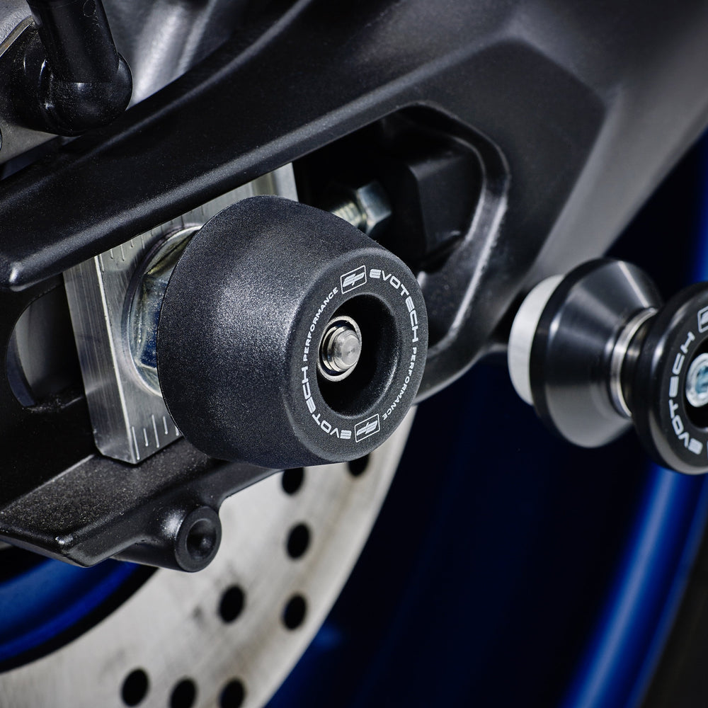 
                  
                    The rear wheel of the Yamaha Tracer 900 ABS with EP Spindle Bobbins Crash Protection bobbin fitted to the rear spindle offering swingarm protection. 
                  
                