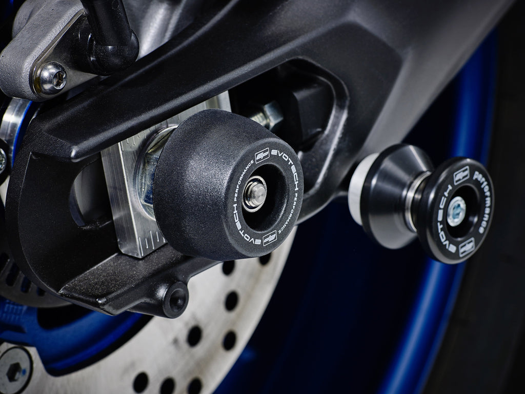 The rear wheel of the Yamaha Tracer 900 ABS with EP Spindle Bobbins Crash Protection bobbin fitted to the rear spindle offering swingarm protection. 