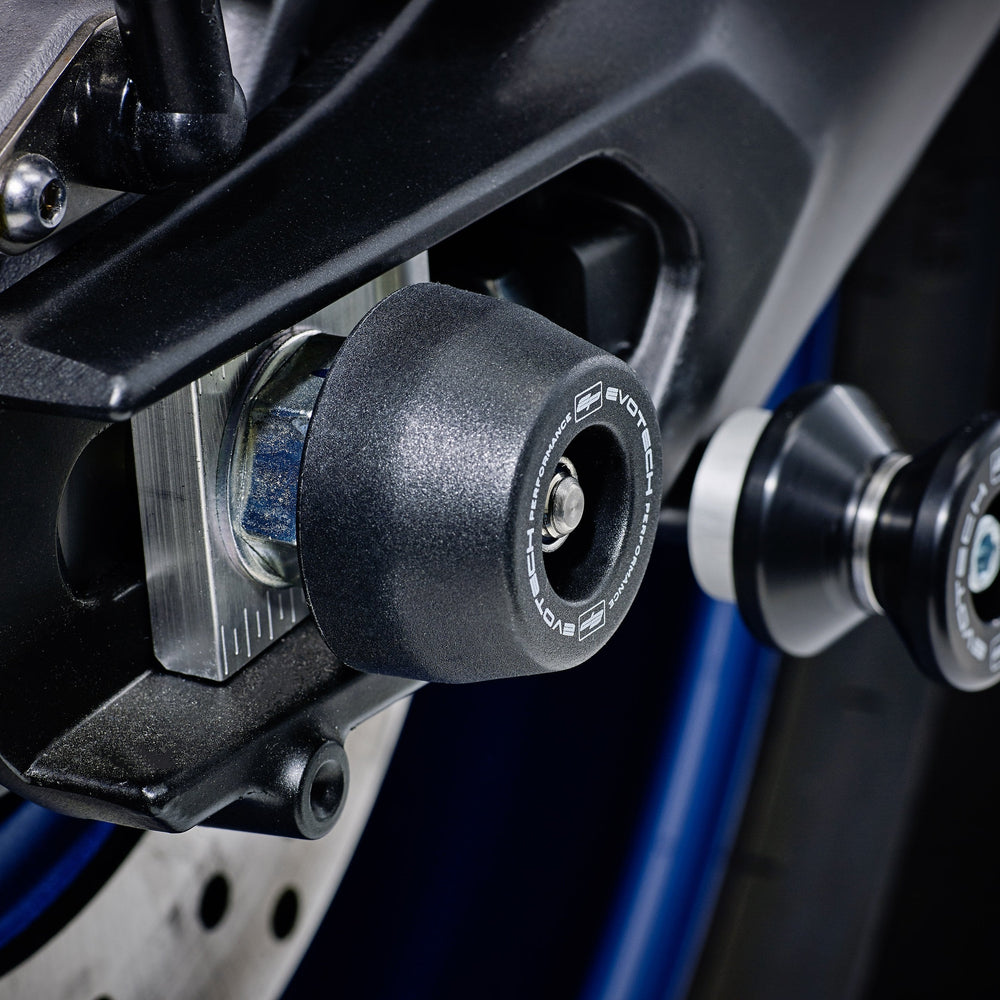 
                  
                    The rear wheel of the Yamaha MT-09 SP with EP Spindle Bobbins Crash Protection bobbin fitted to the rear spindle offering swingarm protection. 
                  
                