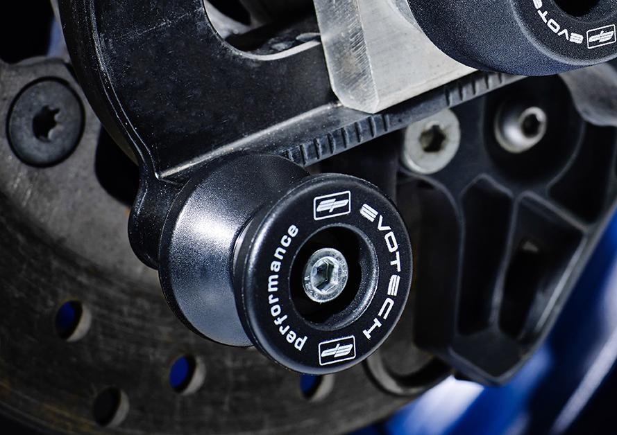 
                  
                    Evotech Paddock Stand Bobbins bolted into the swingarm of the Yamaha MT-09.
                  
                