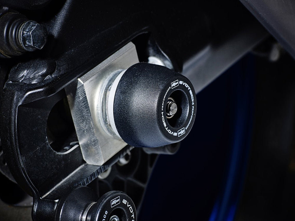 
                  
                    The rear wheel of the Yamaha YZF-R1M with EP Spindle Bobbins Crash Protection bobbin fitted to the rear spindle offering swingarm protection. 
                  
                