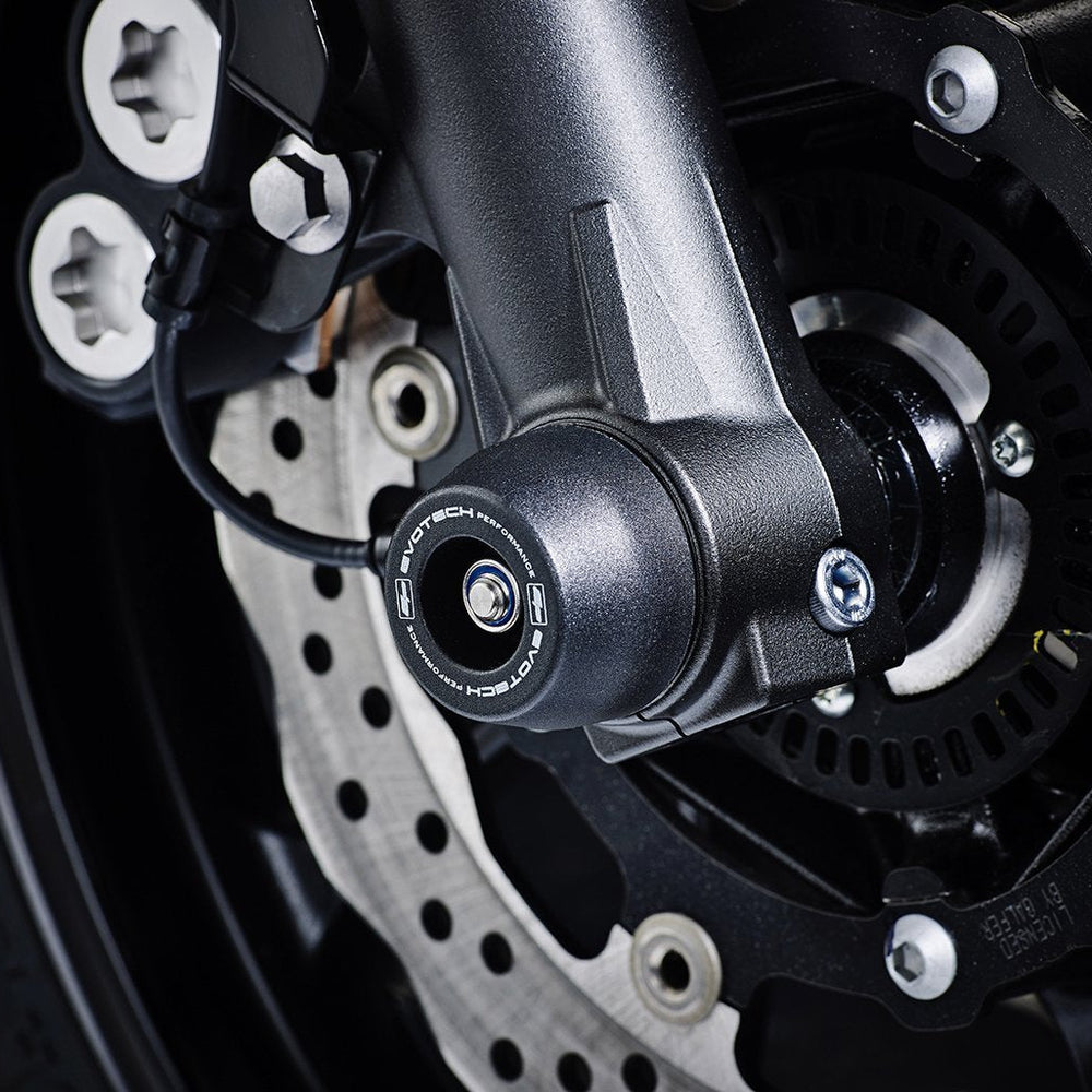 
                  
                    The front wheel of the Yamaha XSR700 with Spindle Bobbins crash protection fitted, one part of the EP Spindle Bobbins Paddock Kit.
                  
                