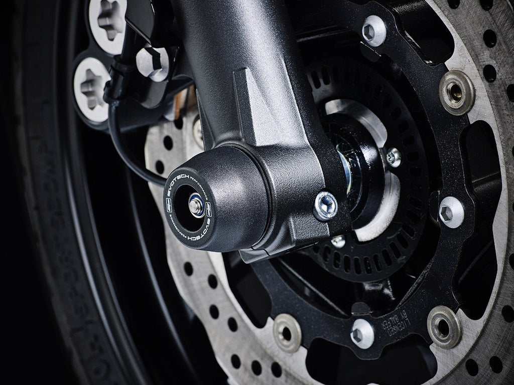 EP Front Spindle Bobbins crash protection from EP Spindle Bobbins Paddock Kit mounted to the front wheel of the Yamaha MT-07.